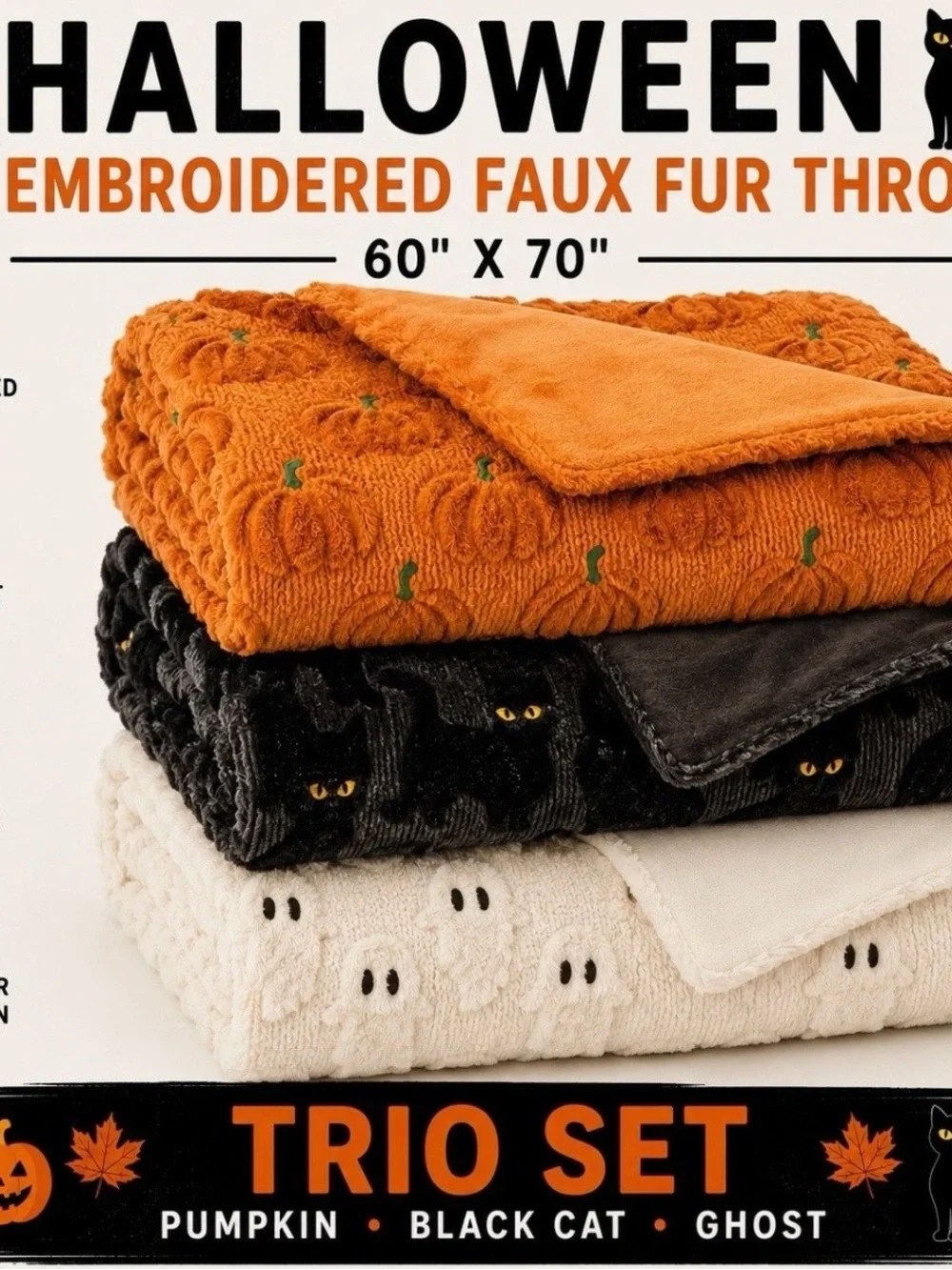 Costco Halloween Ghost Cat Pumpkin Faux Fur Throw NWT Viral 3 Piece set